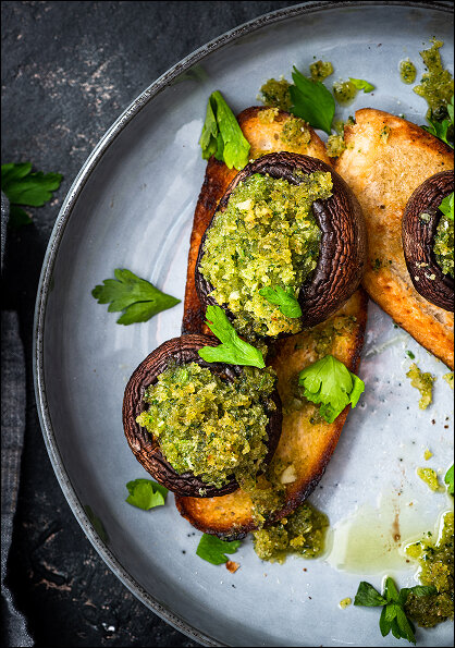 Pesto Stuffed Mushroom Steaks on Ciabatta